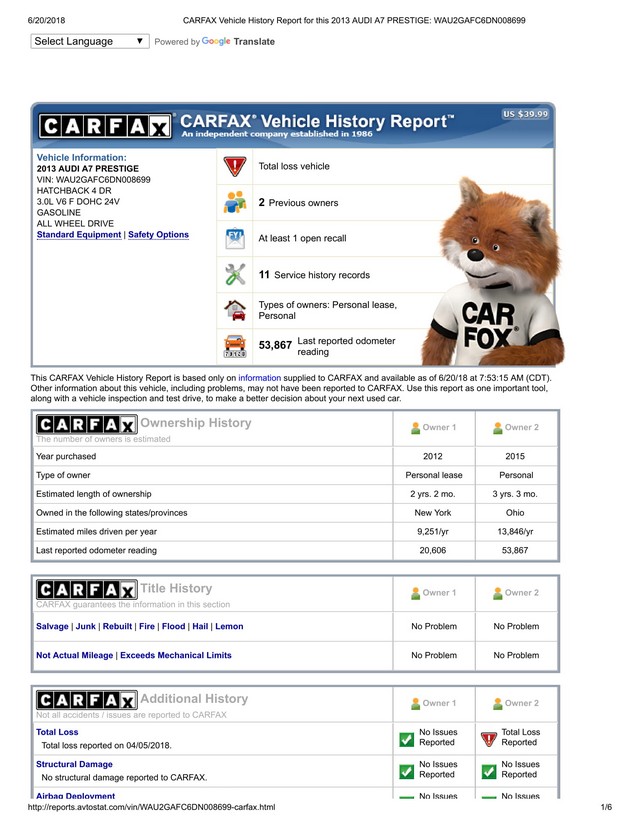 Audi A7 2013 carfax 1